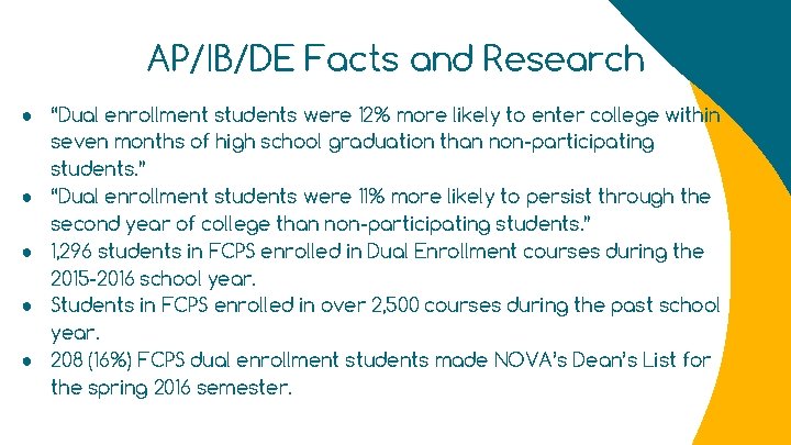 AP/IB/DE Facts and Research ● “Dual enrollment students were 12% more likely to enter