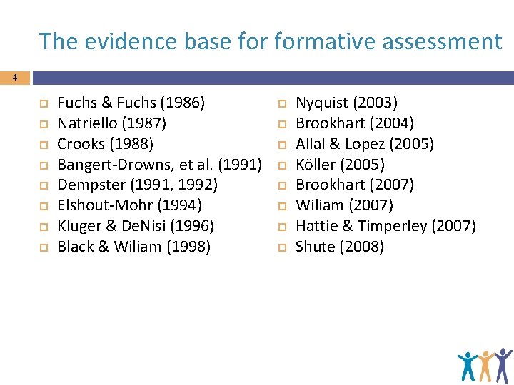 The evidence base formative assessment 4 Fuchs & Fuchs (1986) Natriello (1987) Crooks (1988)