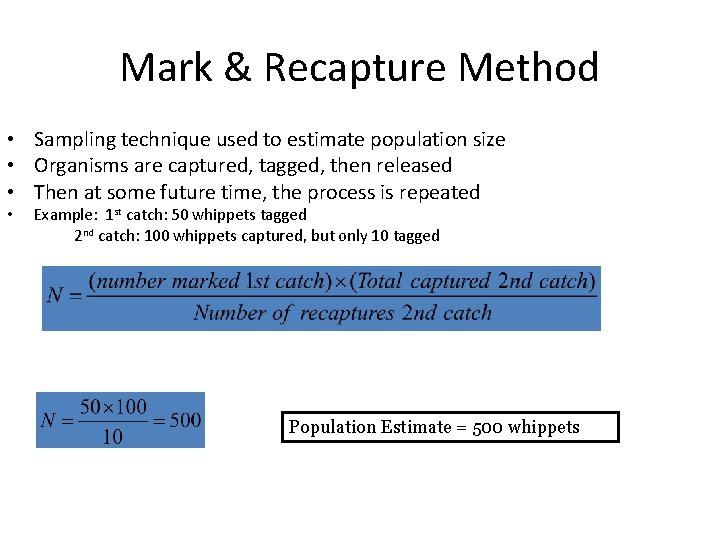Mark & Recapture Method • Sampling technique used to estimate population size • Organisms