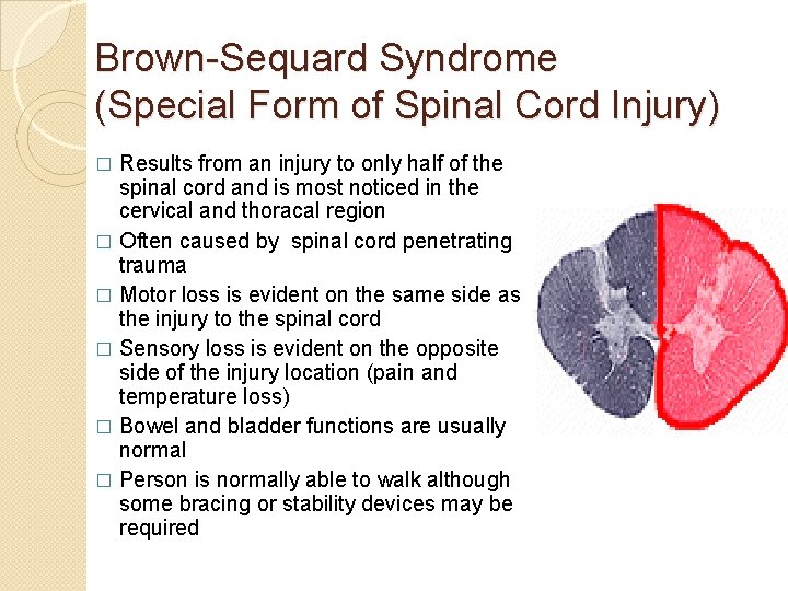 Brown-Sequard Syndrome (Special Form of Spinal Cord Injury) Results from an injury to only
