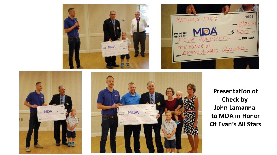 Presentation of Check by John Lamanna to MDA in Honor Of Evan’s All Stars