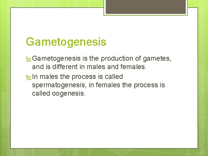 Gametogenesis is the production of gametes, and is different in males and females. In