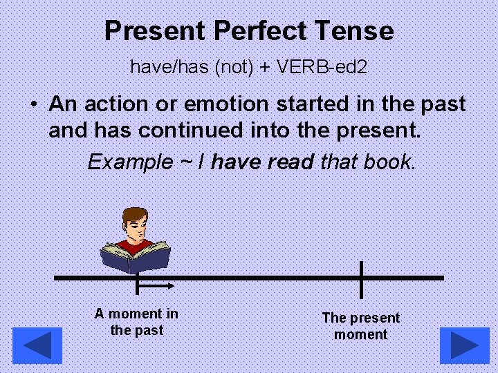 Present Perfect Tense have/has (not) + VERB-ed 2 • An action or emotion started