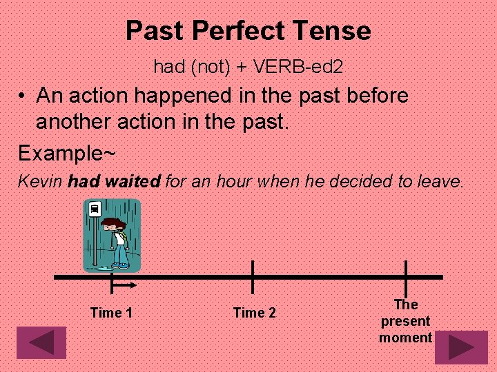 Past Perfect Tense had (not) + VERB-ed 2 • An action happened in the