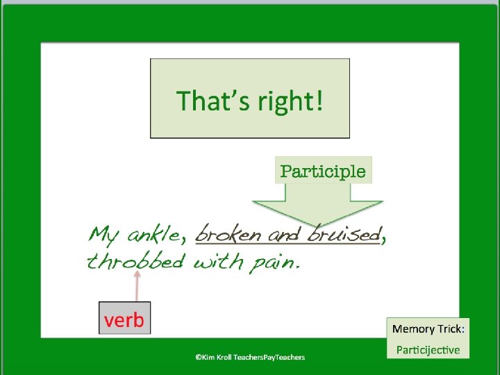That’s right! Participle My ankle, broken and bruised, throbbed with pain. verb Memory Trick: