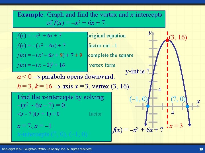 Example: Graph and find the vertex and x-intercepts of f (x) = –x 2