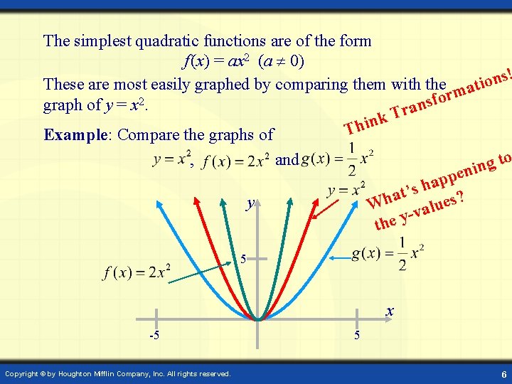 The simplest quadratic functions are of the form f (x) = ax 2 (a