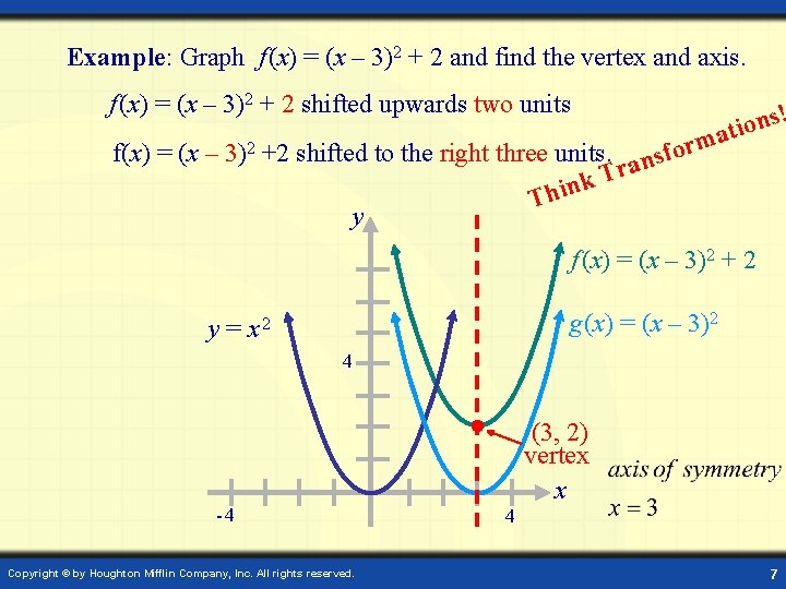 Example: Graph f (x) = (x – 3)2 + 2 and find the vertex