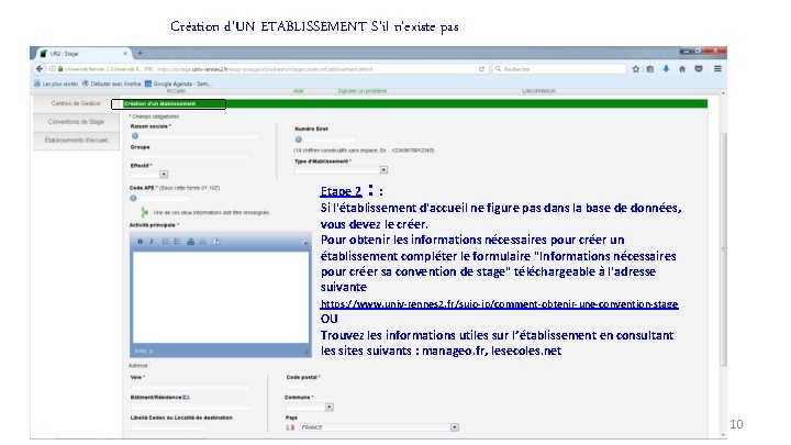 Création d’UN ETABLISSEMENT S’il n’existe pas Etape 2 : : Si l'établissement d'accueil ne