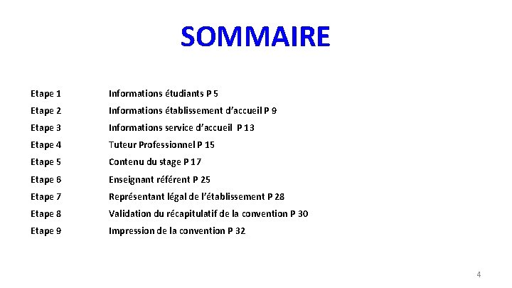 SOMMAIRE Etape 1 Informations étudiants P 5 Etape 2 Informations établissement d’accueil P 9