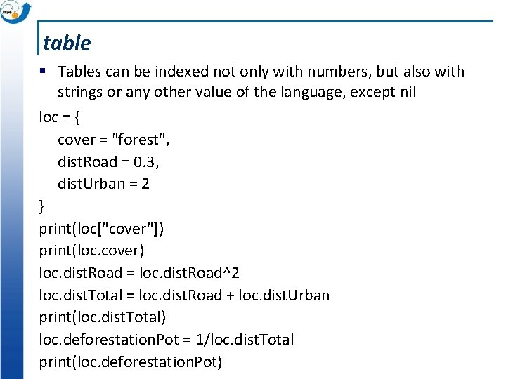 table § Tables can be indexed not only with numbers, but also with strings