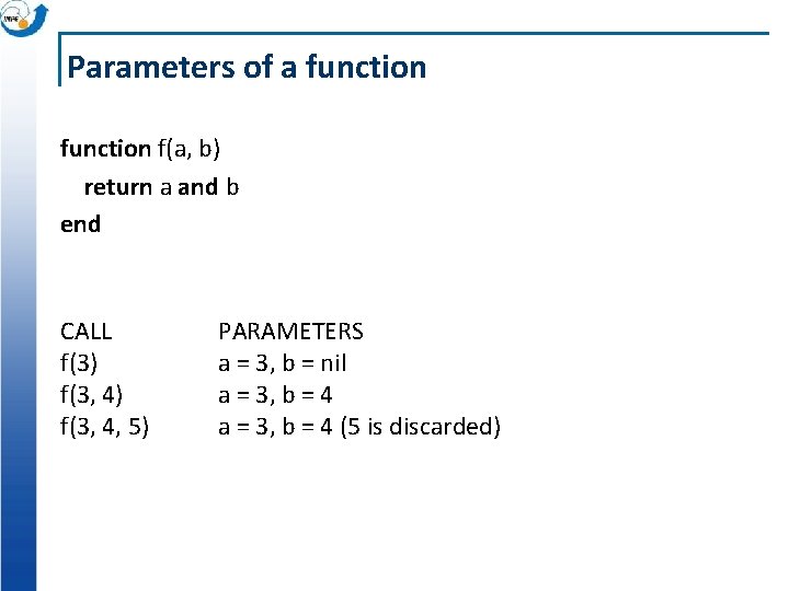 Parameters of a function f(a, b) return a and b end CALL f(3) f(3,