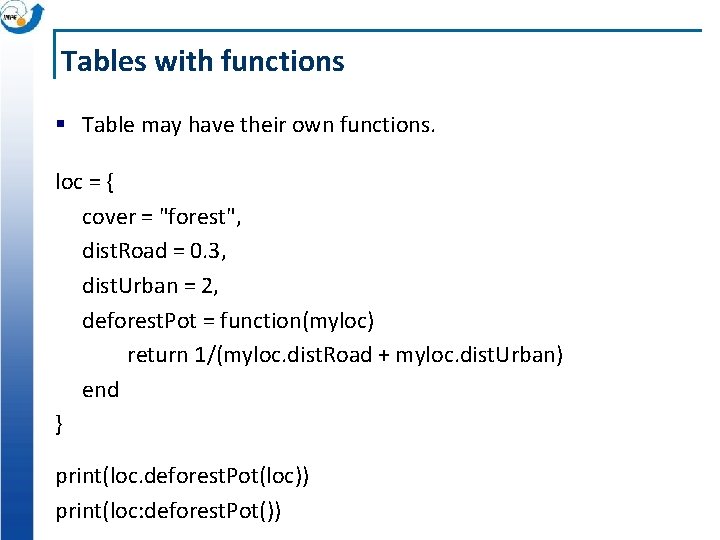 Tables with functions § Table may have their own functions. loc = { cover
