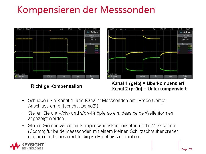 Kompensieren der Messsonden Richtige Kompensation Kanal 1 (gelb) = Überkompensiert Kanal 2 (grün) = Kompensieren der Messsonden Richtige Kompensation Kanal 1 (gelb) = Überkompensiert Kanal 2 (grün) =