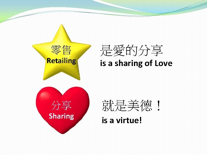 零售 Retailing 分享 Sharing 是愛的分享 is a sharing of Love 就是美德！ is a virtue!