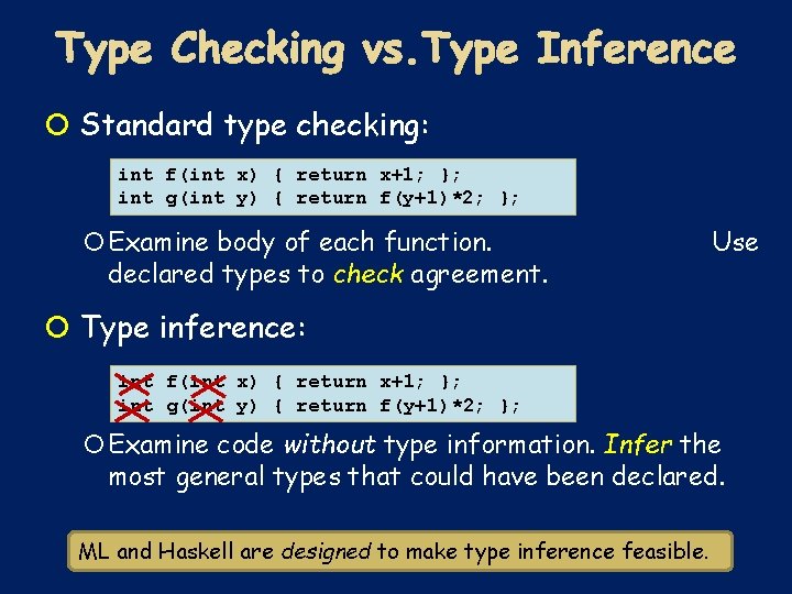  Standard type checking: int f(int x) { return x+1; }; int g(int y)