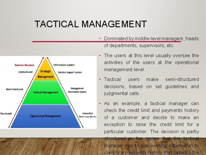 TACTICAL MANAGEMENT • Dominated by middle-level managers, heads of departments, supervisors, etc. • The