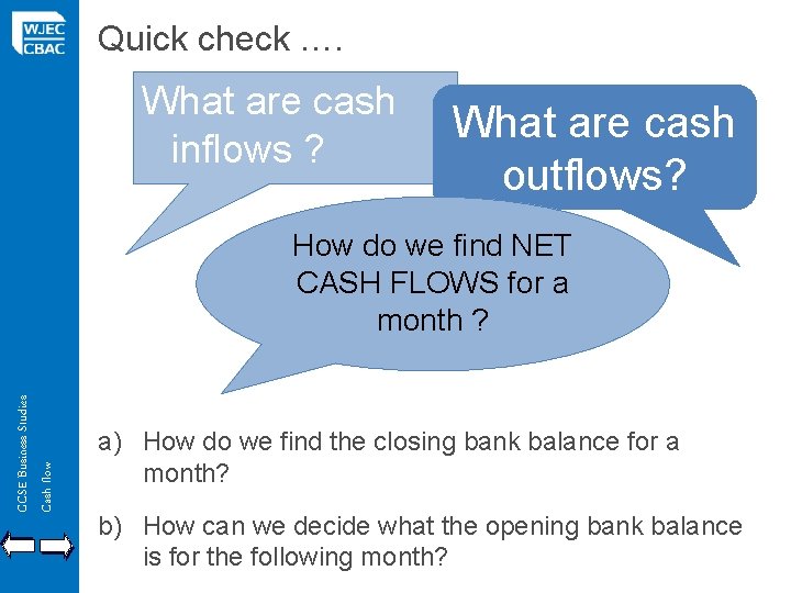 Quick check …. What are cash inflows ? What are cash outflows? GCSE Business