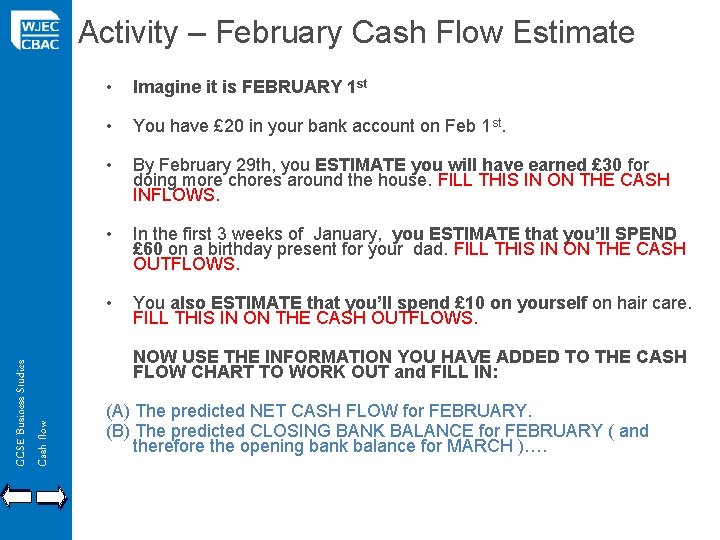 Activity – February Cash Flow Estimate • Imagine it is FEBRUARY 1 st •