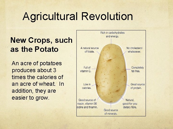 Agricultural Revolution New Crops, such as the Potato An acre of potatoes produces about