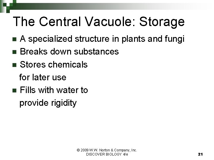 The Central Vacuole: Storage A specialized structure in plants and fungi n Breaks down The Central Vacuole: Storage A specialized structure in plants and fungi n Breaks down