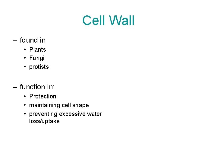 Cell Wall – found in • Plants • Fungi • protists – function in: