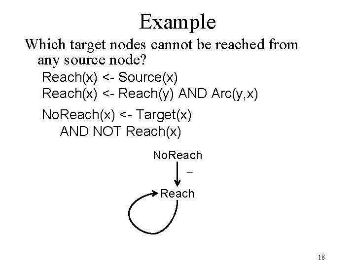 Example Which target nodes cannot be reached from any source node? Reach(x) <- Source(x)