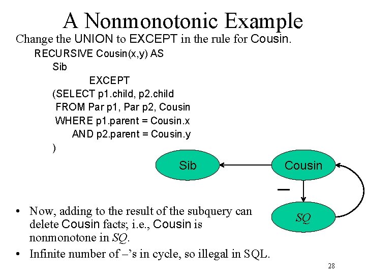 A Nonmonotonic Example Change the UNION to EXCEPT in the rule for Cousin. RECURSIVE