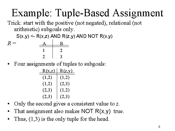 Example: Tuple-Based Assignment Trick: start with the positive (not negated), relational (not arithmetic) subgoals