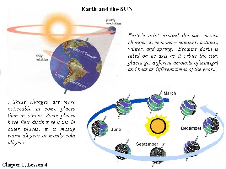 Earth and the SUN Earth’s orbit around the sun causes changes in seasons –