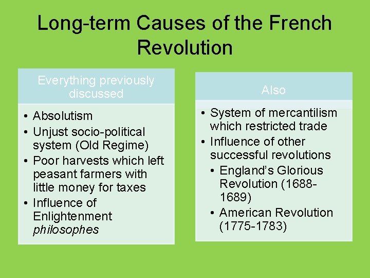 Long-term Causes of the French Revolution Everything previously discussed Also • Absolutism • Unjust