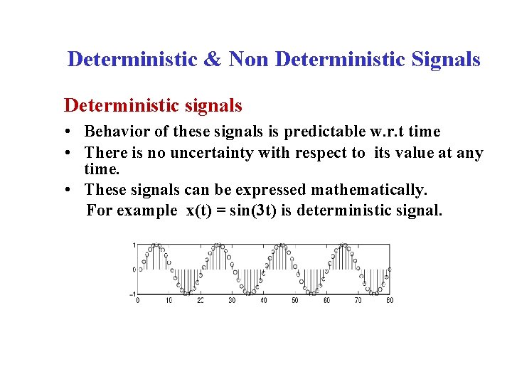 Deterministic & Non Deterministic Signals Deterministic signals • Behavior of these signals is predictable