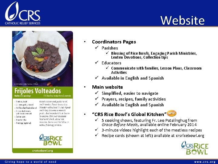 Website • Coordinators Pages ü Parishes ü Blessing of Rice Bowls, Engaging Parish Ministries,