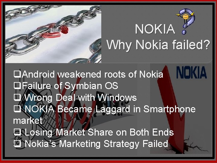 NOKIA Why Nokia failed? q. Android weakened roots of Nokia q. Failure of