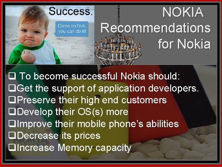 NOKIA Recommendations for Nokia q To become successful Nokia should: q. Get the support