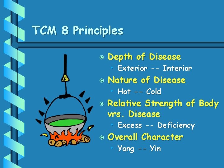 TCM 8 Principles b Depth of Disease • Exterior -- Interior b Nature of