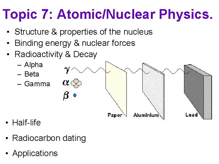 Topic 7: Atomic/Nuclear Physics. • Structure & properties of the nucleus • Binding energy