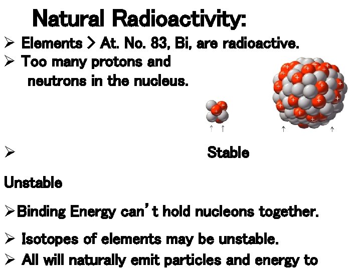 Natural Radioactivity: Ø Elements > At. No. 83, Bi, are radioactive. Ø Too many