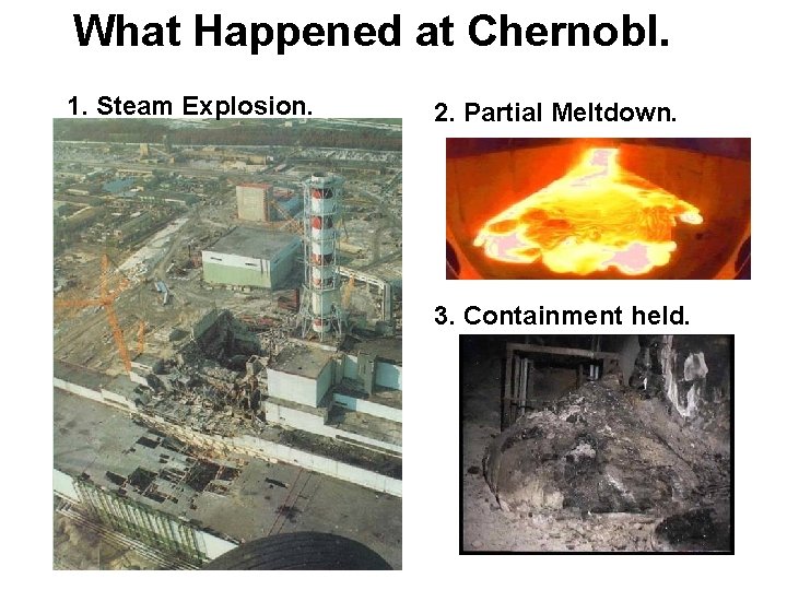 What Happened at Chernobl. 1. Steam Explosion. 2. Partial Meltdown. 3. Containment held. 