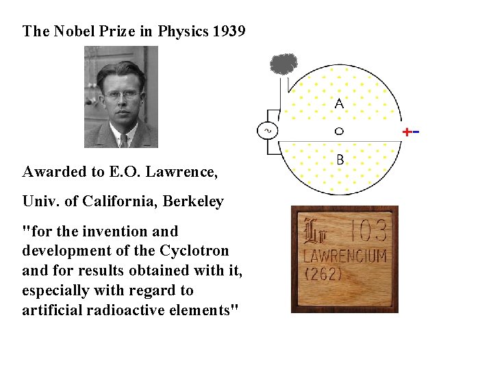 The Nobel Prize in Physics 1939 Awarded to E. O. Lawrence, Univ. of California,