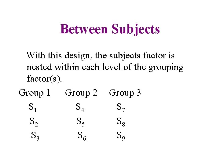 Between Subjects With this design, the subjects factor is nested within each level of