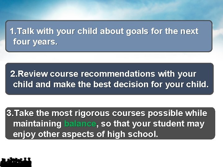 1. Talk with your child about goals for the next four years. 2. Review