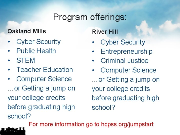 Program offerings: Oakland Mills River Hill • Cyber Security • Public Health • STEM