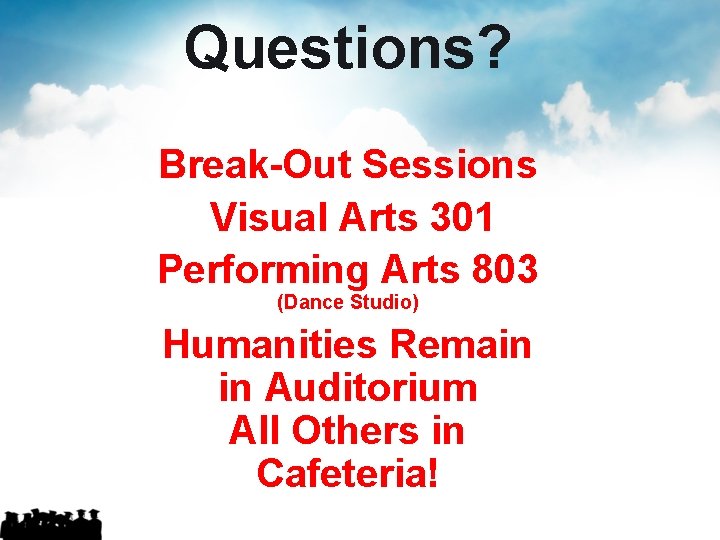 Questions? Break-Out Sessions Visual Arts 301 Performing Arts 803 (Dance Studio) Humanities Remain in