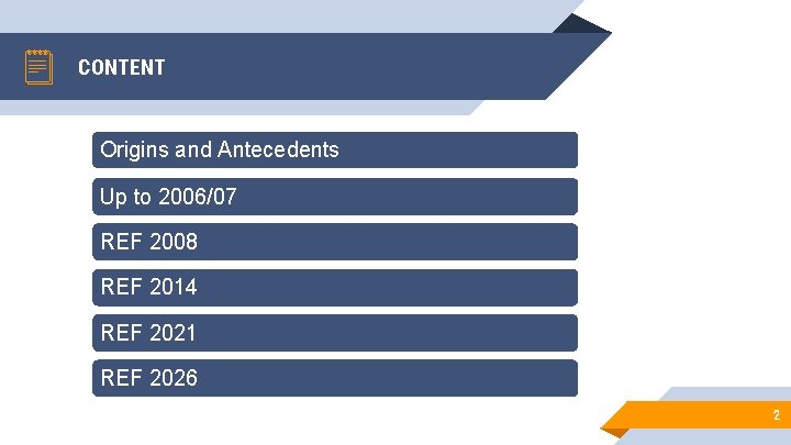 CONTENT Origins and Antecedents Up to 2006/07 REF 2008 REF 2014 REF 2021 REF