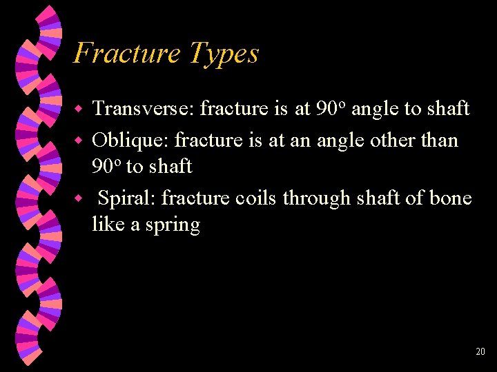 Fracture Types Transverse: fracture is at 90 o angle to shaft w Oblique: fracture