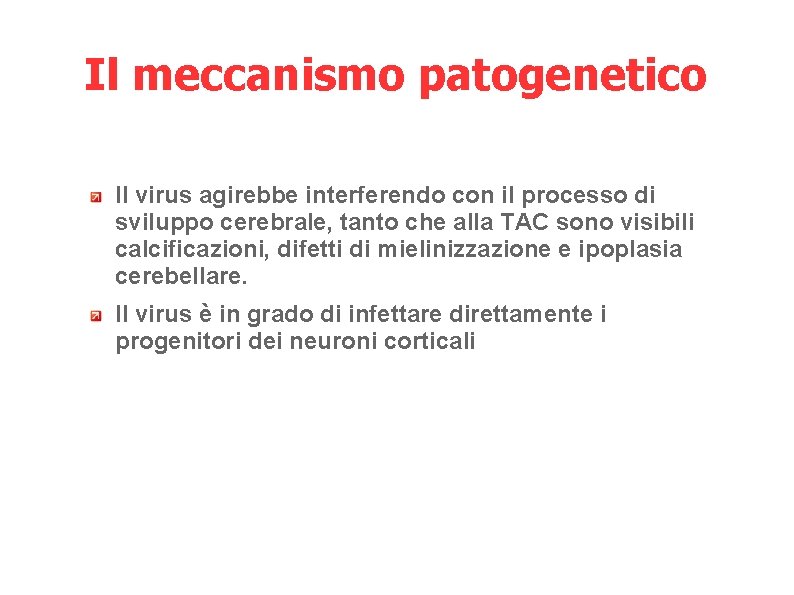 Il meccanismo patogenetico Il virus agirebbe interferendo con il processo di sviluppo cerebrale, tanto