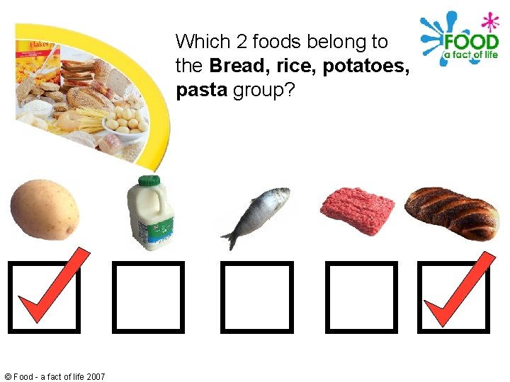 Which 2 foods belong to the Bread, rice, potatoes, pasta group? © Food -
