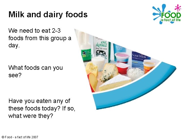 Milk and dairy foods We need to eat 2 -3 foods from this group
