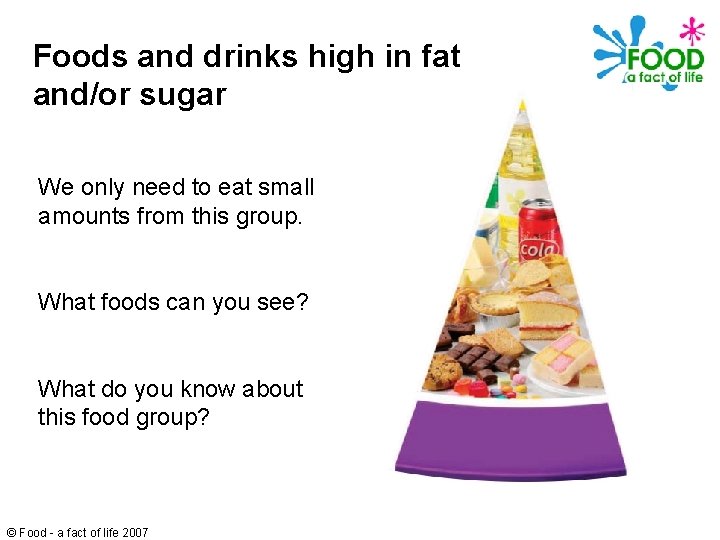 Foods and drinks high in fat and/or sugar We only need to eat small